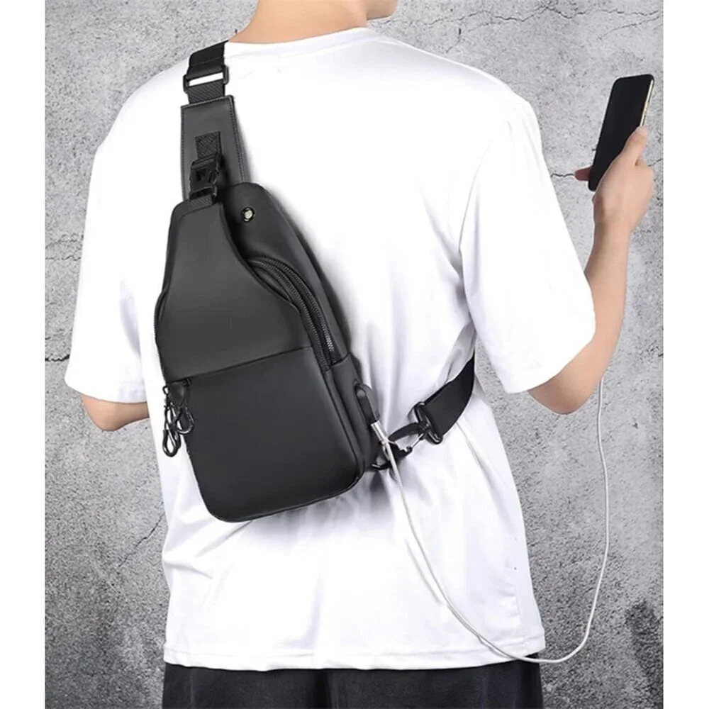 💫 Men Black Crossbody Bag Sling Waterproof USB Charging Port Headphone Backpack
